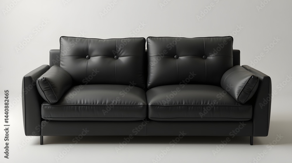 Stylish black leather sofa with plush cushions, perfect for modern living spaces.