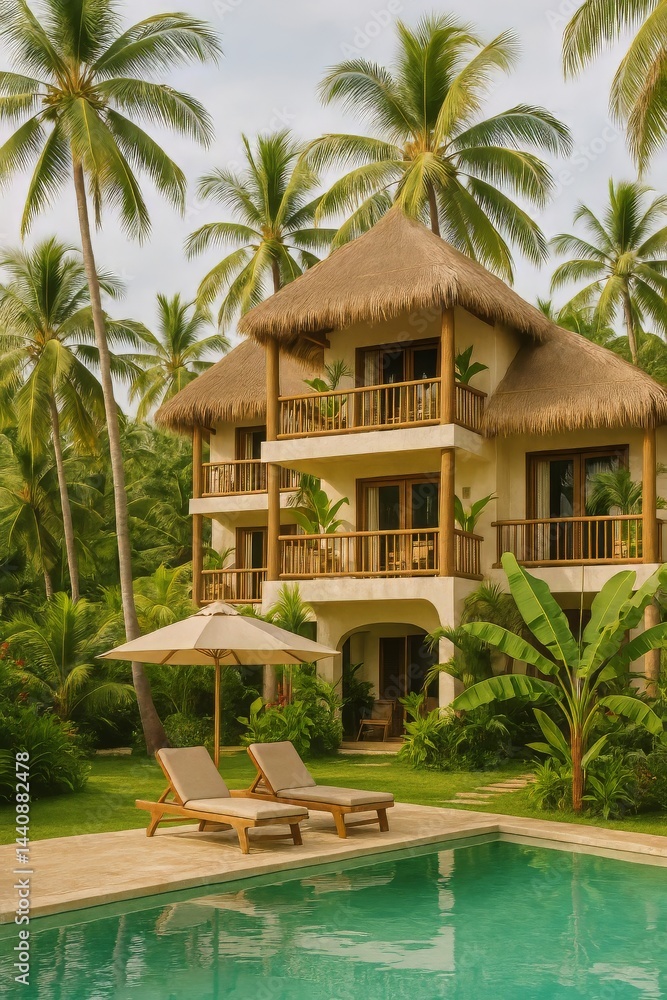 Relaxation by the Pool at a Tropical Villa Surrounded by Palm Trees