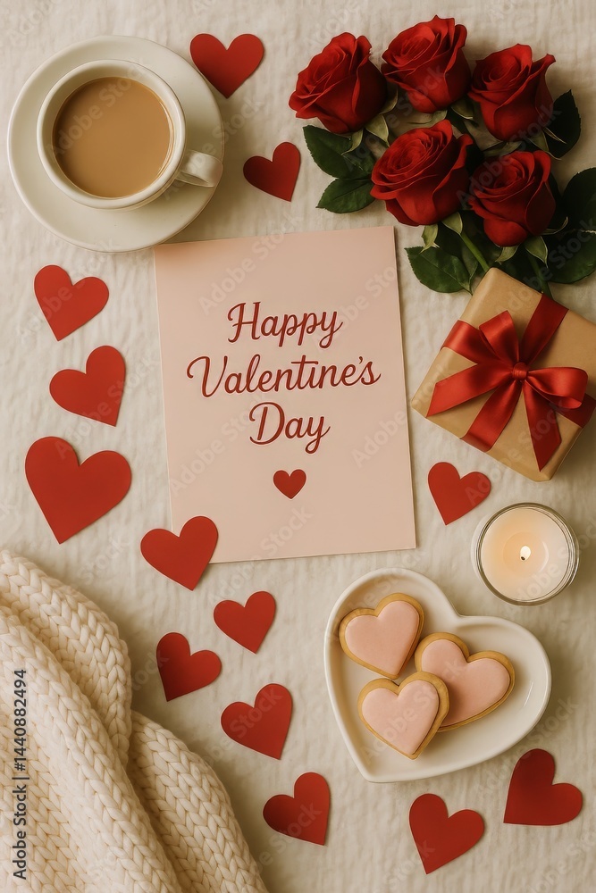 Celebration of Love With Coffee, Roses, and a Gift for Valentines Day