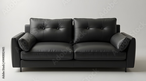 Obraz na płótnie Stylish black leather sofa with plush cushions, perfect for modern living spaces. w salonie