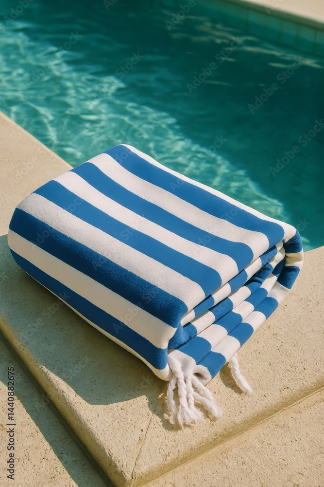Blue Striped Towel Resting by the Poolside on a Sunny Day