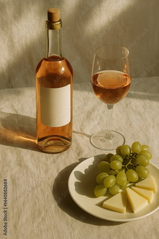 Ros Wine Paired With Cheese and Grapes on a Light Surface During a Sunny Afternoon