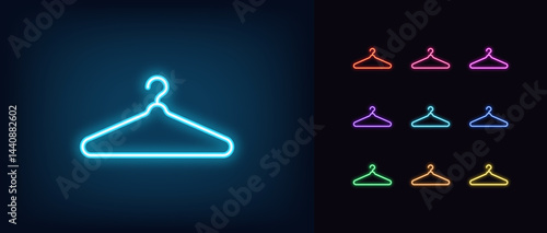 Outline neon clothes hanger icon. Glowing neon cloth hanger with hook, wardrobe icon. Fitting room in shop, coat hanger, clothes rack, fashion house, dressing room, cloakroom closet. Vector icon set