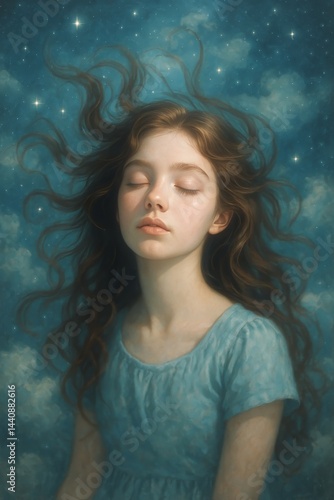 Girl With Flowing Hair Dreaming in a Starry Sky With Soft Clouds and Blue Bac...