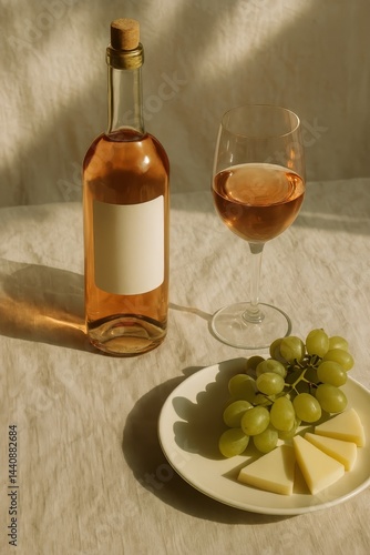 Obraz na płótnie Ros Wine Paired With Cheese and Grapes on a Light Surface During a Sunny Afternoon w salonie