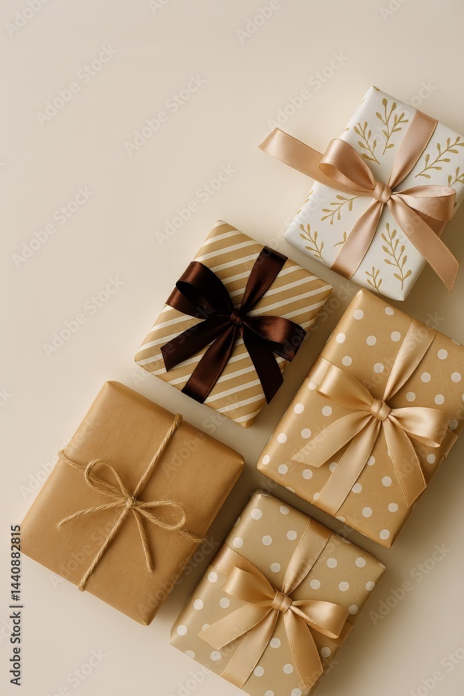 Gifts Wrapped in Elegant Paper and Ribbons on a Light Background for Special Occasions