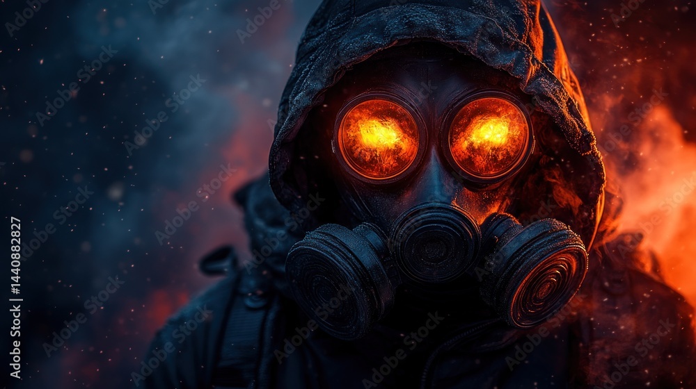 Fiery Apocalypse: A Glowing Gas Mask in a Post-Apocalyptic World Fiery Apocalypse: A Glowing Gas Mask in a Post-Apocalyptic World
