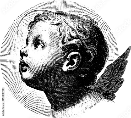 Antique engraving of cherubic child with halo and wings in profile.