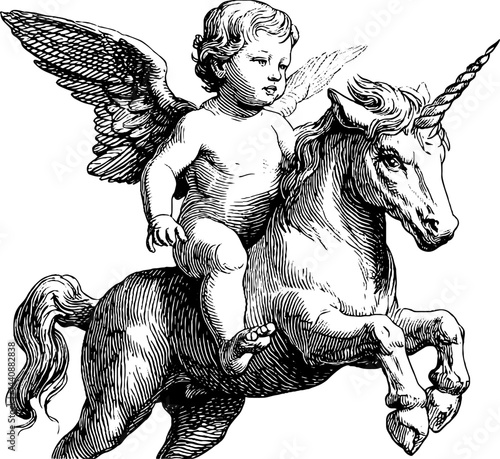 Cherubic child on winged unicorn - mythical illustration.
