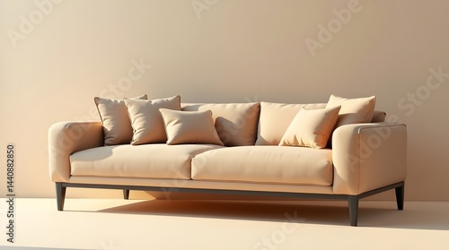 A stylish beige sofa adorned with plush cushions, exuding comfort and elegance in a minimalist setting.