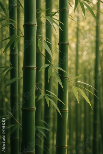 Green Bamboo Stalks Create a Serene Atmosphere in a Peaceful Forest Setting