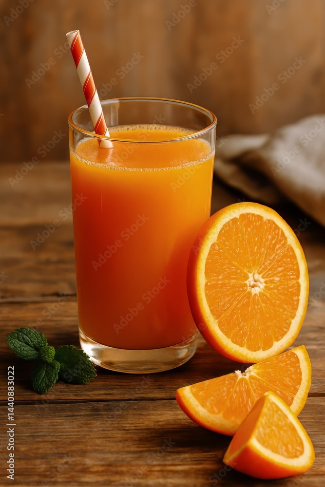 Fresh Orange Juice Served in a Glass With Sliced Oranges on a Wooden Table