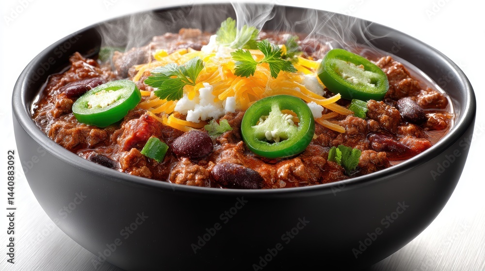 a steaming bowl of spicy chili with ground beef, beans, and cheese on top on a white isolated background, hearty and flavorful design a steaming bowl of spicy chili with ground beef, beans, and cheese on top on a white isolated background, hearty and flavorful design