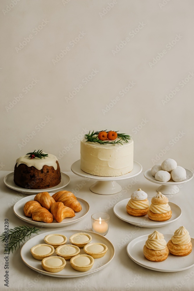 Elegant Dessert Display Featuring Cakes and Pastries Decorated With Festive Greenery