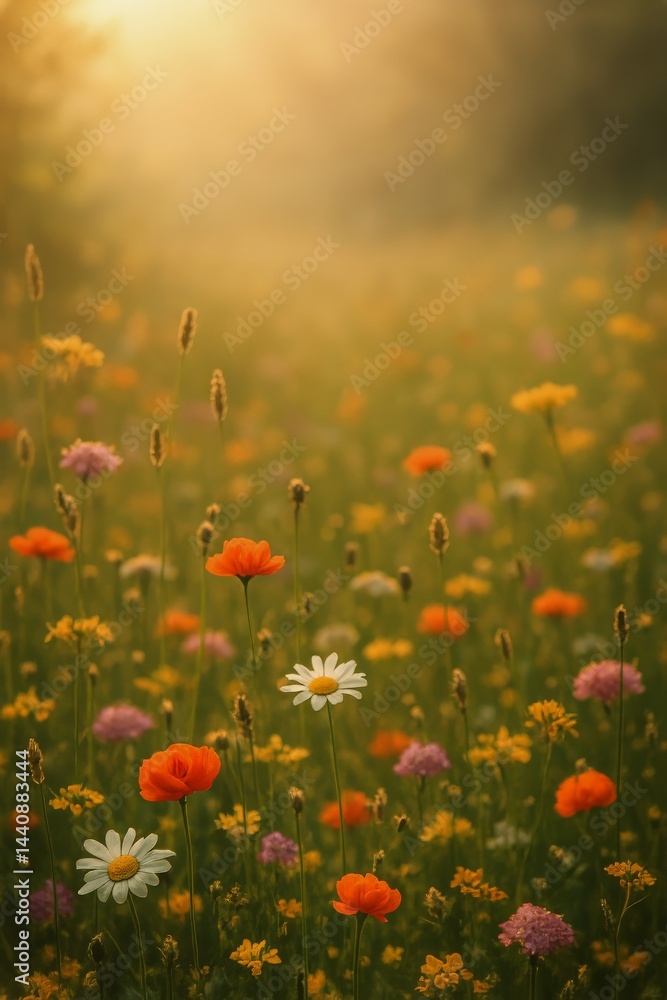 Fototapeta premium Colorful Wildflower Field During Golden Hour in the Countryside