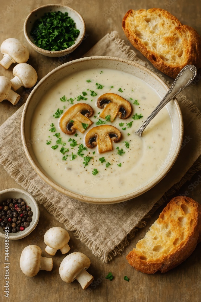 Delicious Mushroom Soup Served With Fresh Herbs and Rustic Bread on a Textured Table Setting
