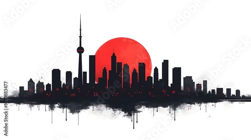 Wallpaper Mural Silhouette of a modern city skyline at sunset with a large red sun in the background. Torontodigital.ca