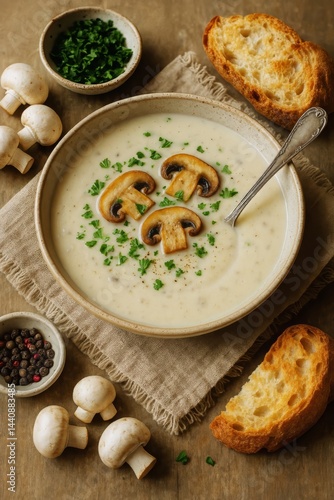 Obraz na płótnie Delicious Mushroom Soup Served With Fresh Herbs and Rustic Bread on a Textured Table Setting w salonie