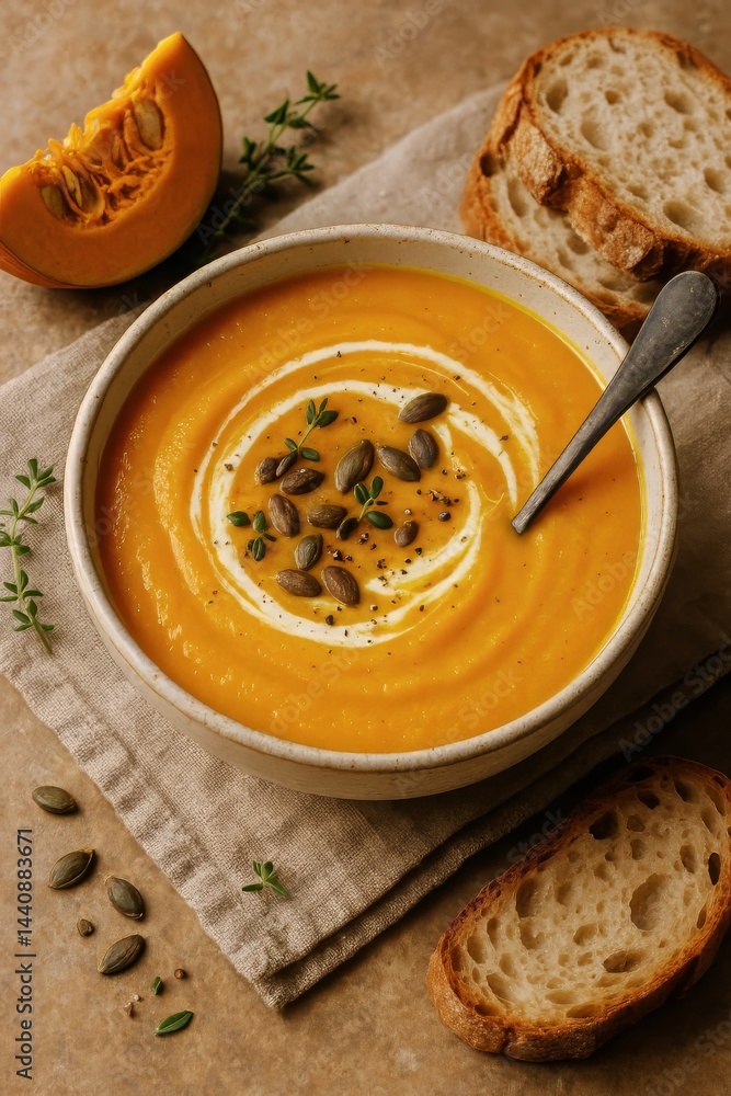 Creamy Pumpkin Soup Served in a Bowl With Fresh Herbs and Toasted Bread