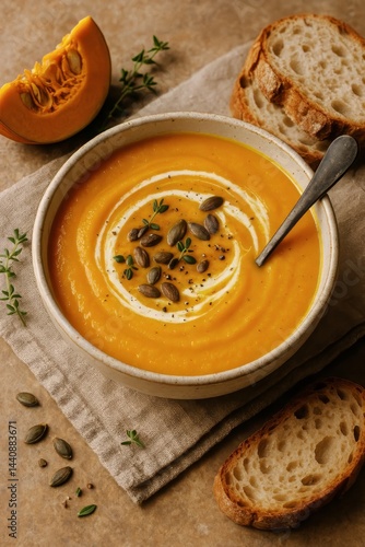 Obraz na płótnie Creamy Pumpkin Soup Served in a Bowl With Fresh Herbs and Toasted Bread w salonie