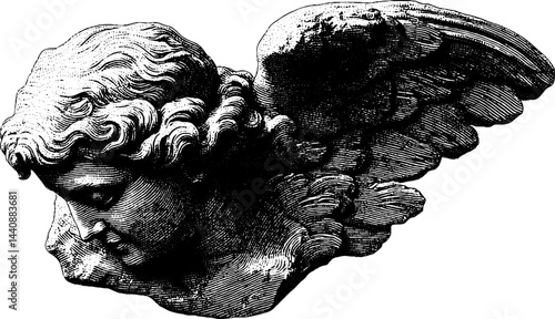 Vintage engraving of angel with wings and detailed features.