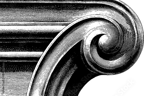 Classical ionic column capital detailed engraving illustration.