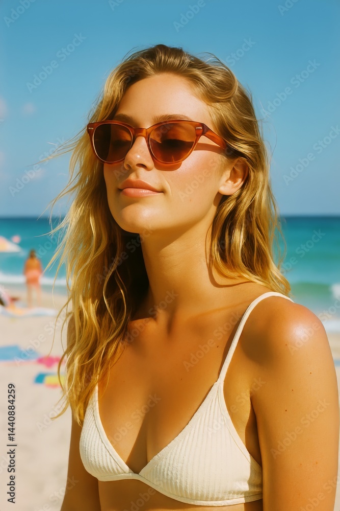 Sunbathing Woman Enjoying Beach Day in Summer With Ocean Background and Bright Blue Sky