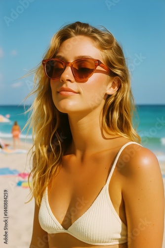 Sunbathing Woman Enjoying Beach Day in Summer With Ocean Background and Bright Blue Sky