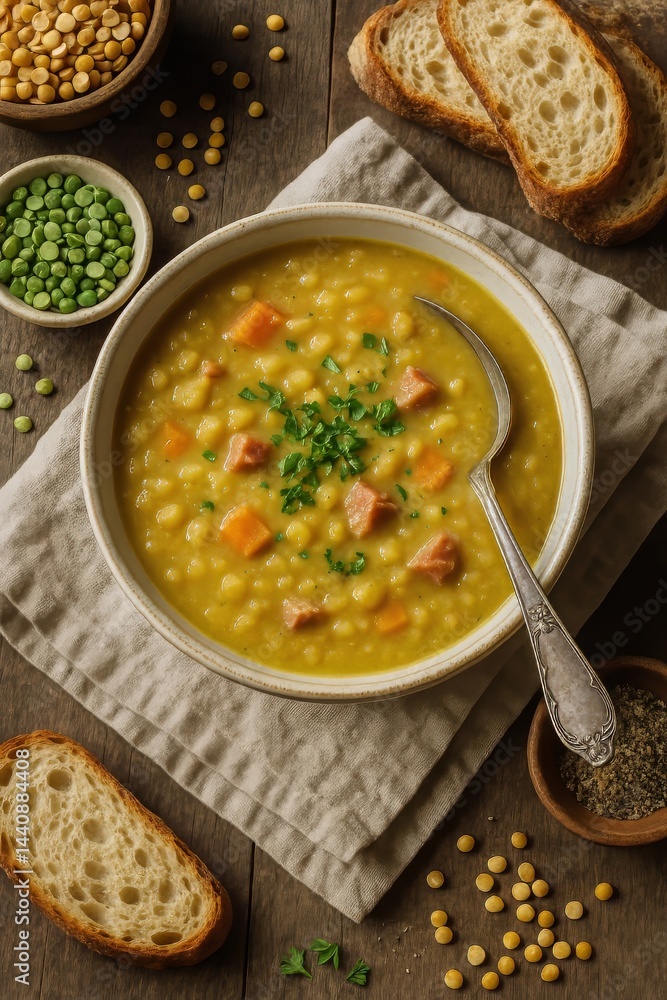 Comforting Split Pea Soup With Vegetables and Fresh Bread on a Wooden Table Setting