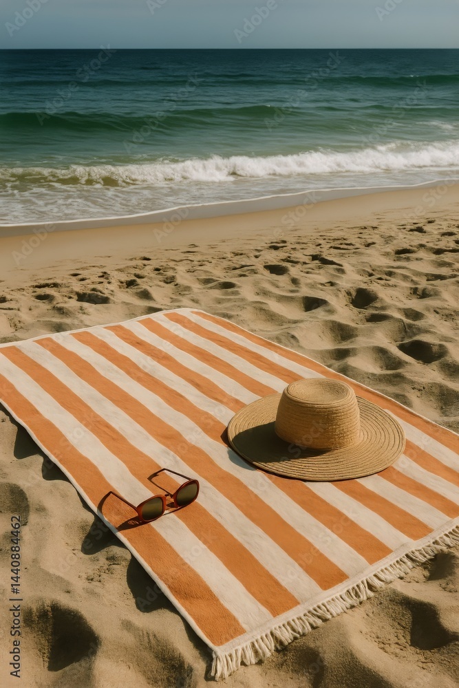 Relaxing Beach Day With Straw Hat and Sunglasses on a Warm Sandy Shore
