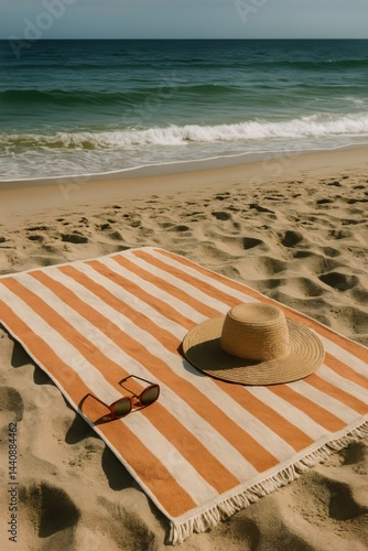 Obraz na płótnie Relaxing Beach Day With Straw Hat and Sunglasses on a Warm Sandy Shore w salonie
