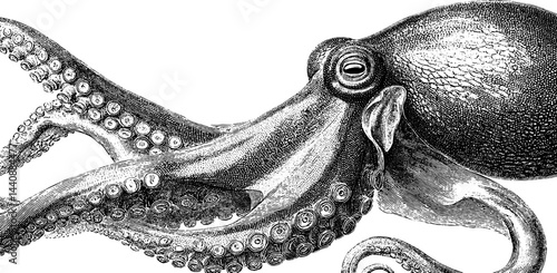 Intricate vintage octopus illustration with detailed tentacles and textured skin.