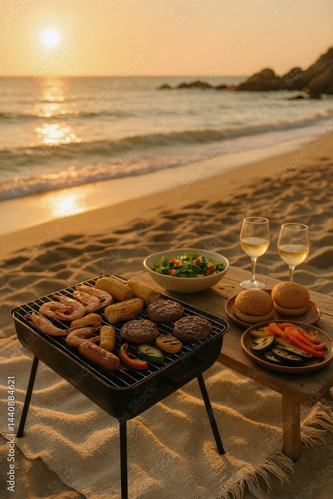 Grilling Sausages and Corn on the Beach During Sunset by the Seaside