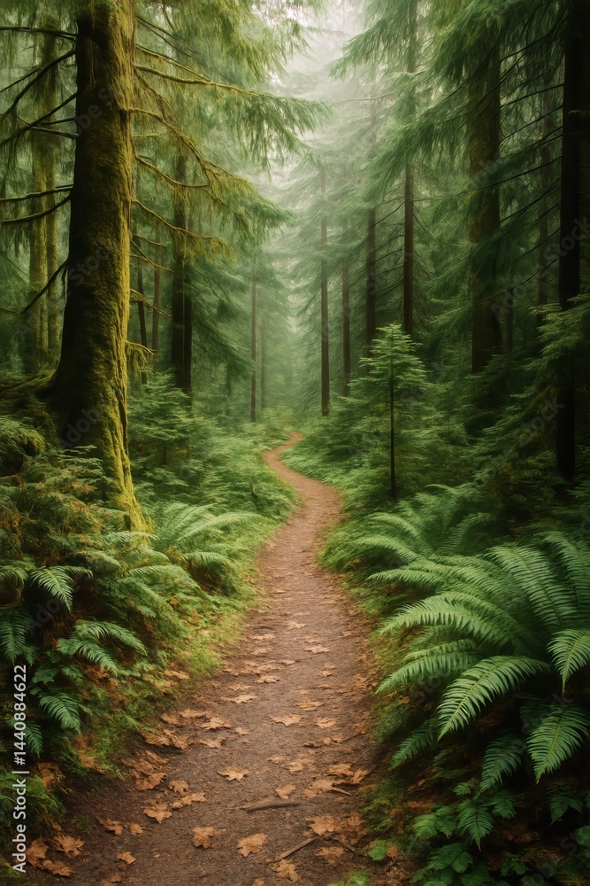 Lush Forest Pathway Winding Through Tall Trees and Ferns on a Misty Morning in a Tranquil Environment