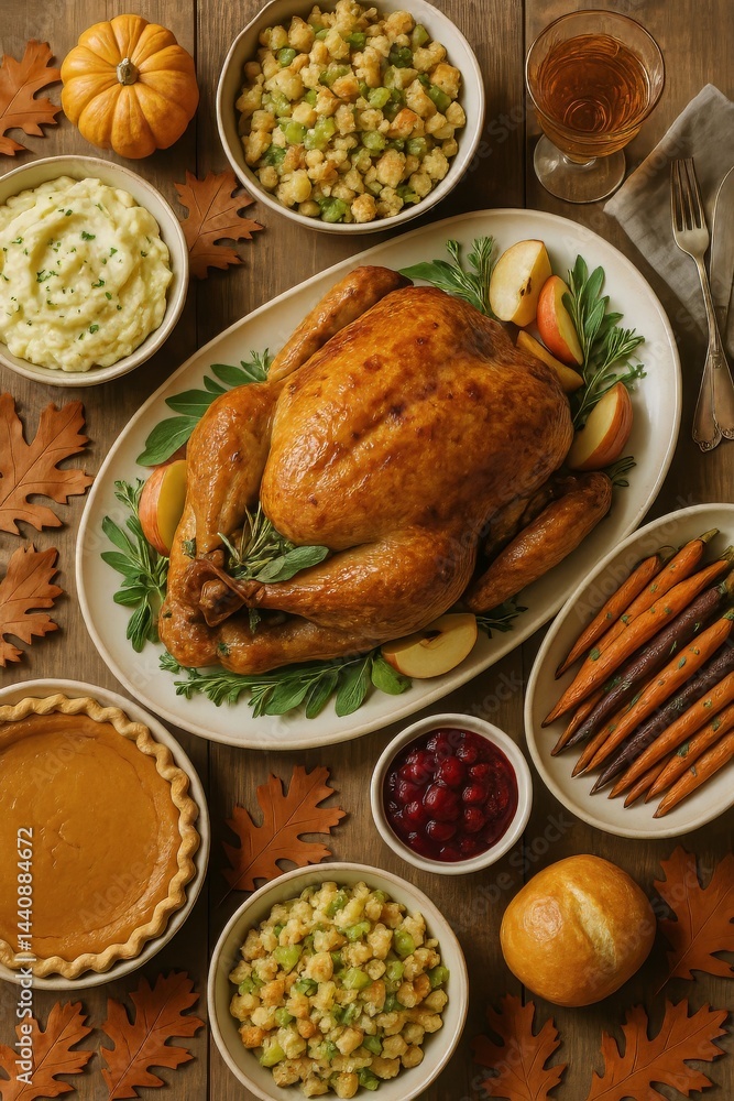 Beautifully Arranged Thanksgiving Dinner With Turkey, Sides, and Dessert on Wooden Table