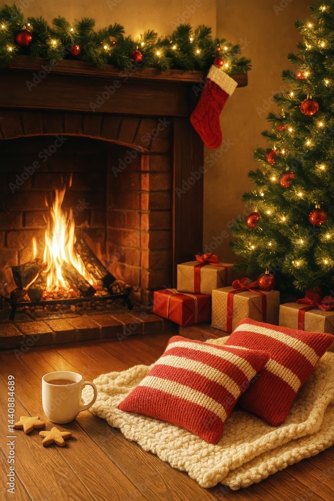 Cozy Holiday Setting With Stockings, a Christmas Tree, and Festive Decorations in a Warm Living Room