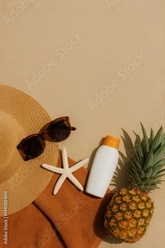 Obraz na płótnie Relaxing Day at the Beach With Tropical Fruits and Summer Essentials on Sandy Shore w salonie