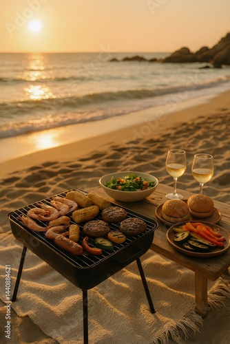 Obraz na płótnie Grilling Sausages and Corn on the Beach During Sunset by the Seaside w salonie