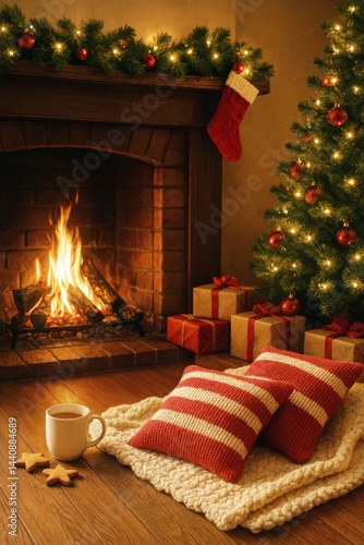 Obraz na płótnie Cozy Holiday Setting With Stockings, a Christmas Tree, and Festive Decorations in a Warm Living Room w salonie