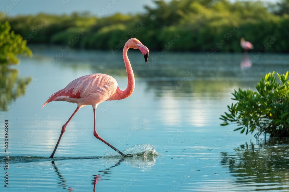 Fototapeta premium Vibrant Pink Flamingo Walking Through Serene Water Landscape Generative AI