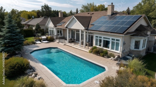 Wallpaper Mural Nestled in a lush landscape, the stunning residence showcases a magnificent pool surrounded by greenery. Solar panels adorn the roof, reflecting a commitment to eco-friendly living on a sunny day Torontodigital.ca