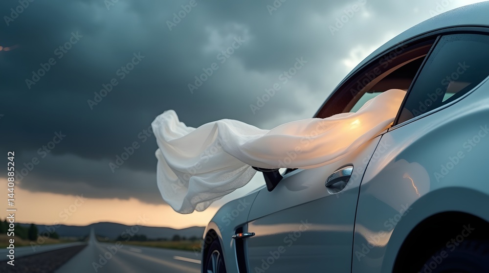 Fototapeta premium A silver car with a flowing white fabric sash out the window, driving along an empty road under a dramatic sky.