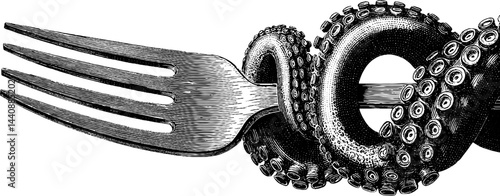 Vintage fork wrapped by octopus tentacle - intricate black and white illustration.