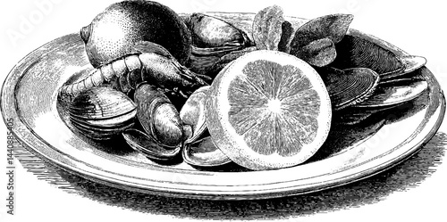 Seafood platter with lemon, shrimp, clams, and oysters on plate.