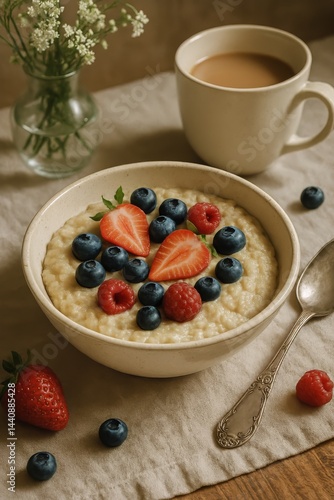 Fresh Berries Atop Oatmeal With Coffee on a Cozy Table Setting in the Morning