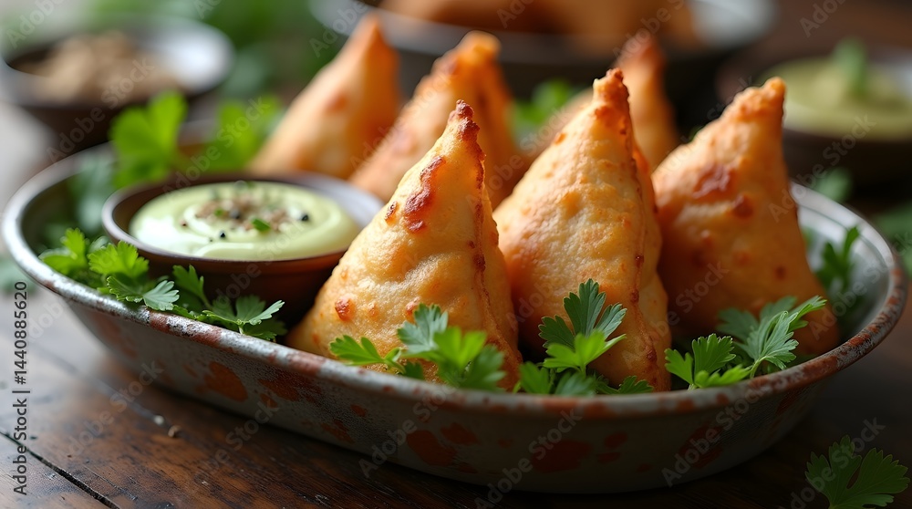 Golden, crispy vegetarian samosas served with mint chutney and garnished with fresh cilantro.