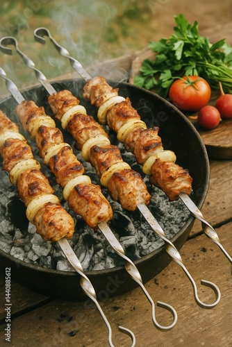 Perfectly Grilled Skewers With Fresh Vegetables at an Outdoor Gathering in a ...