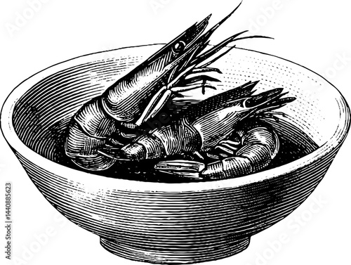 Vintage illustration: two shrimps in a bowl with etched detailing.