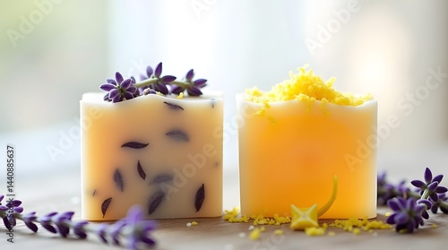 Two artisan soap bars: one lavender scented, the other lemon yellow with zest, on a wooden surface with lavender sprigs.