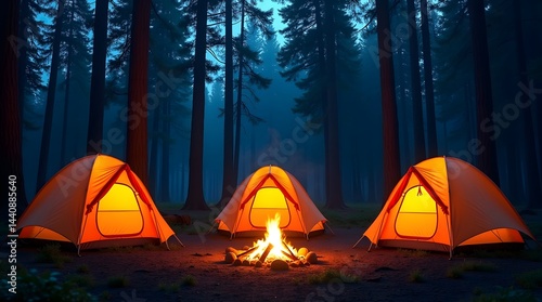 Obraz na płótnie A serene camping scene at dusk showcases three glowing orange tents surrounding a cozy campfire in a dense forest. w salonie